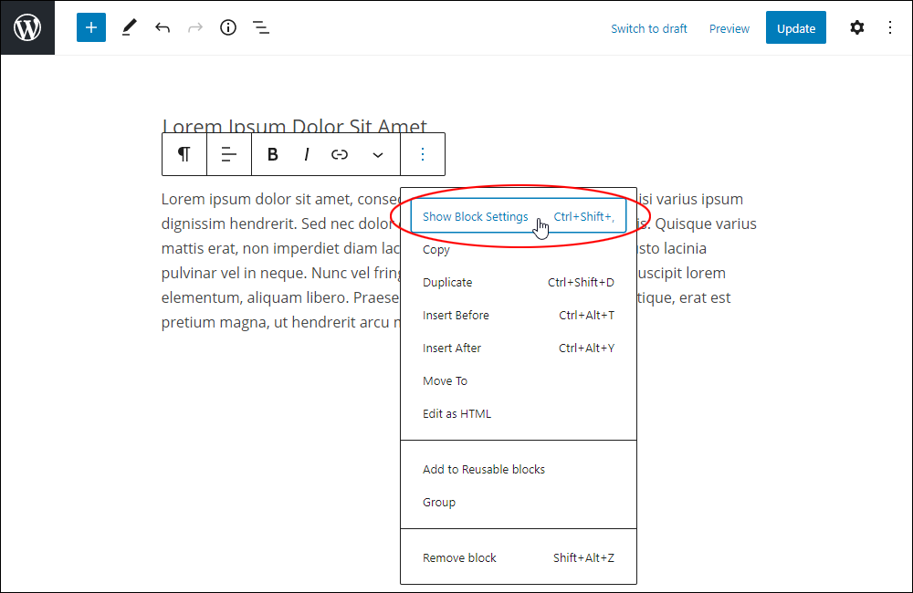 WordPress Block Editor: More Options - Show/Hide Block Settings