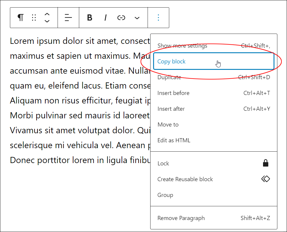 WordPress Block Editor: More Options - Copy setting.