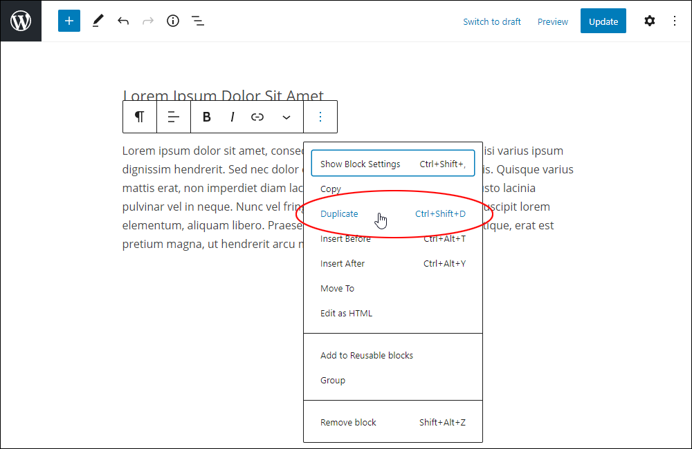 WordPress Block Editor: More Options - Duplicate setting.