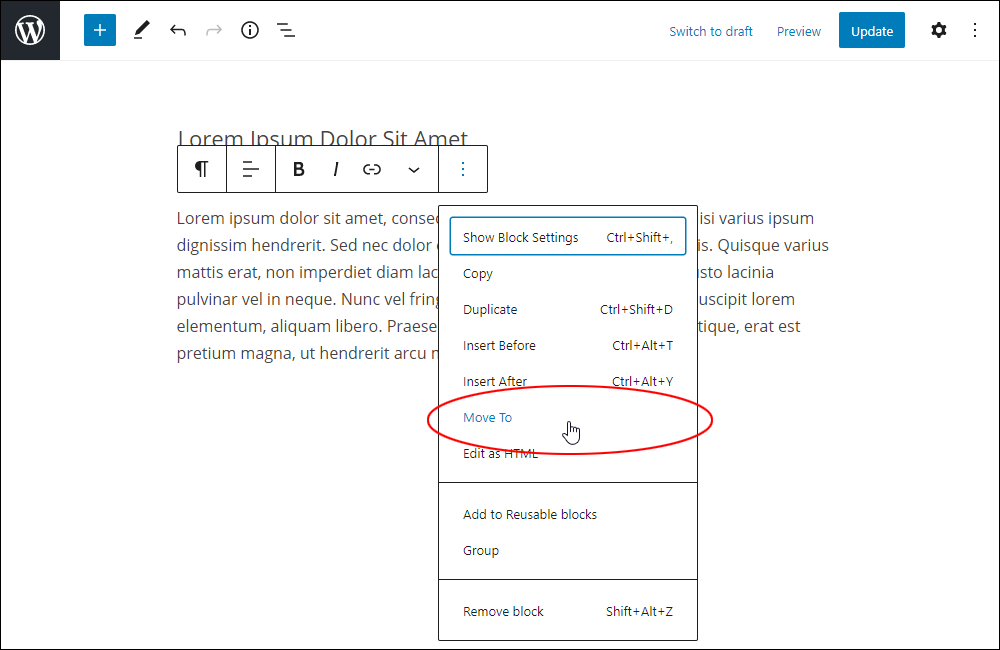 WordPress Block Editor: More Options - Move To setting.