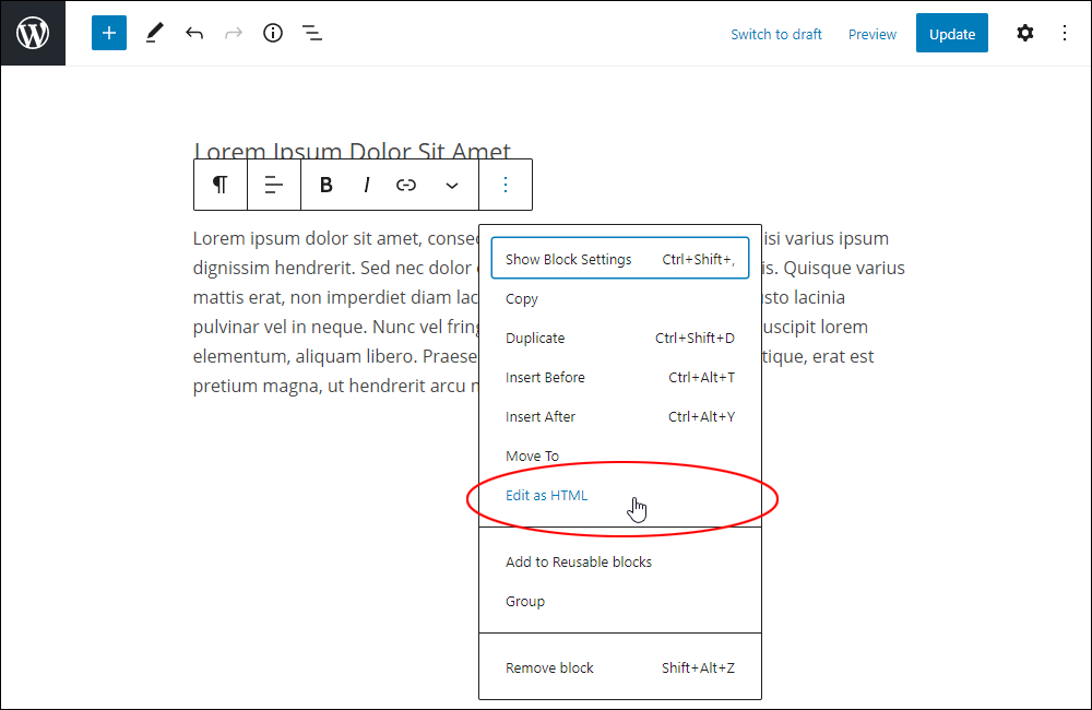 WordPress Block Editor: More Options - Edit as HTML setting.
