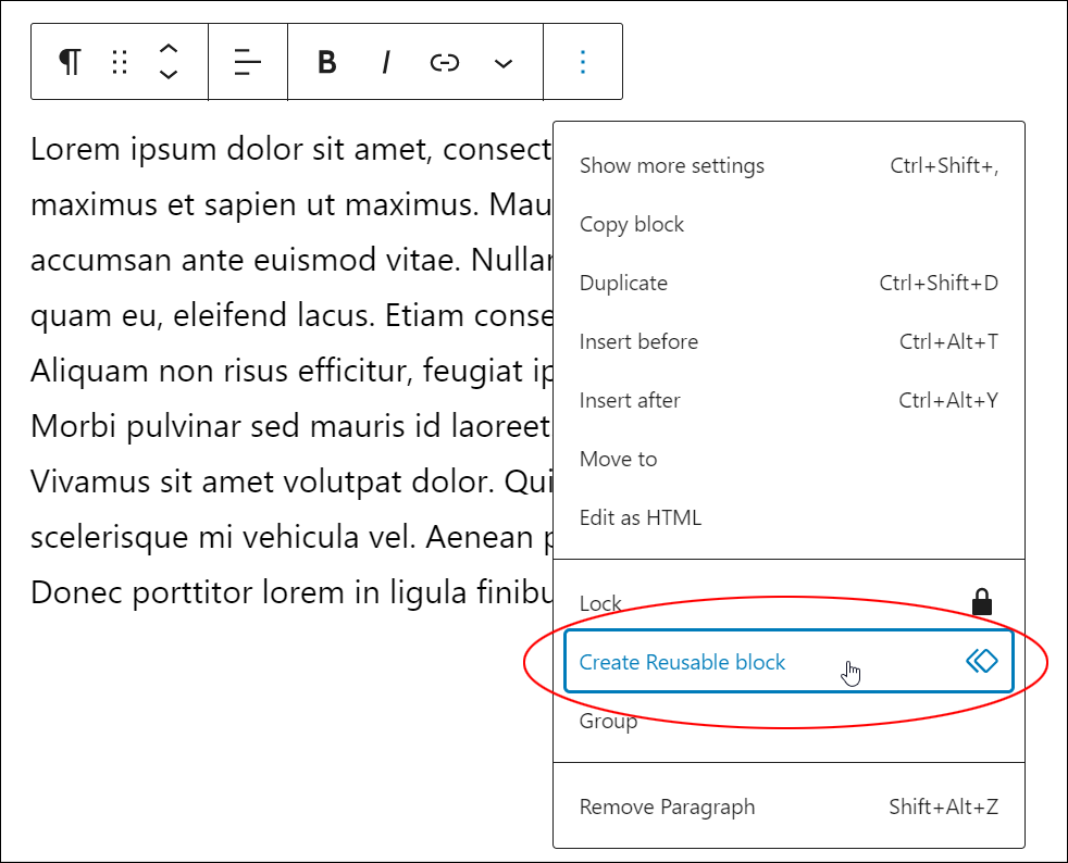 WordPress Block Editor: More Options - Add to Reusable blocks setting.