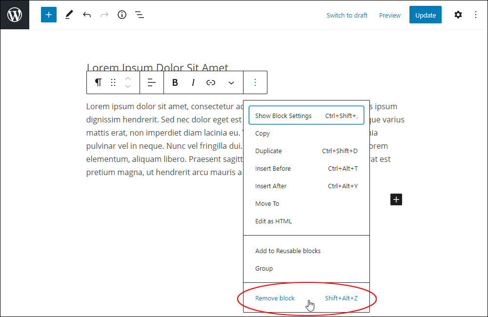 WordPress Block Editor: More Options - Remove block setting.