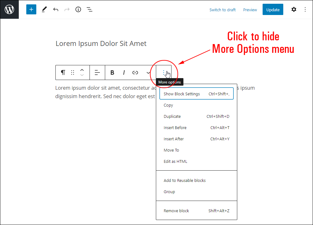 WordPress Block Editor: Hide More Options menu.