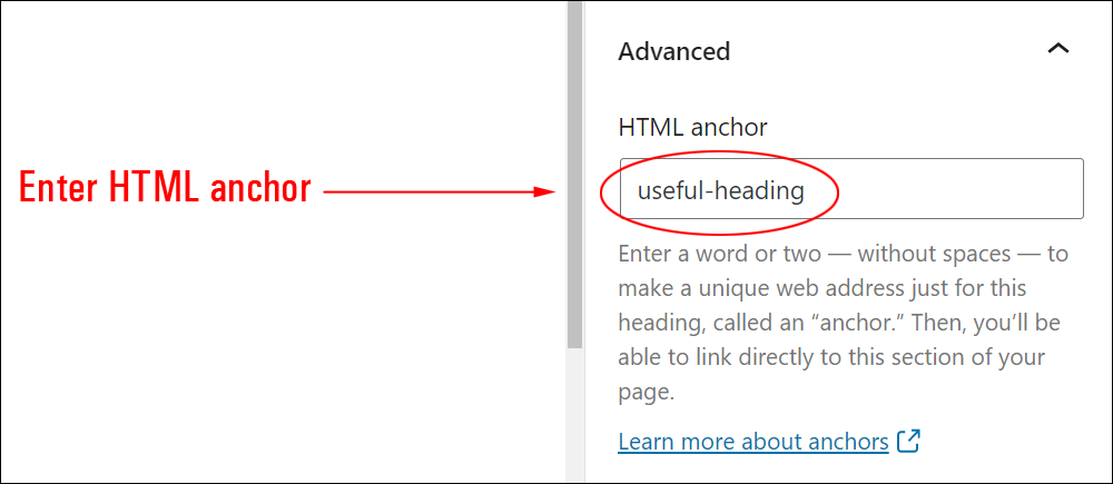 Advanced Block Settings - HTML Anchor