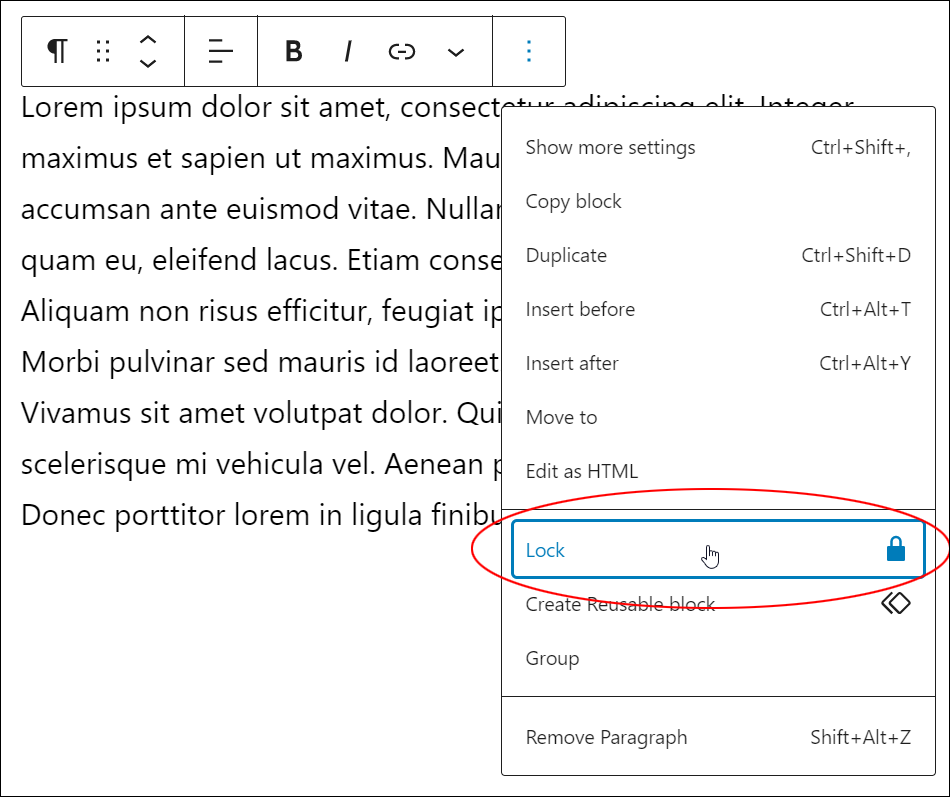 WordPress Block Editor: Options - Lock setting.