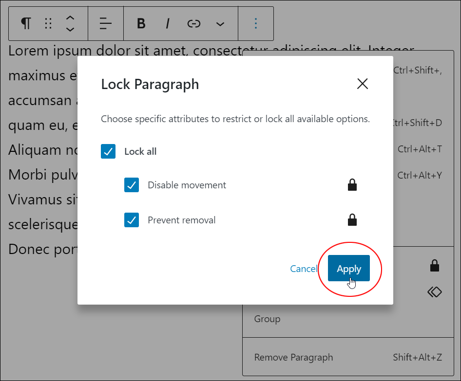 WordPress Block Editor: Options - Lock setting.