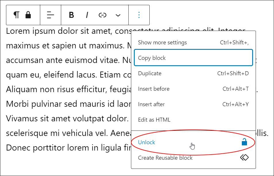 WordPress Block Editor: Options - Unlock setting.