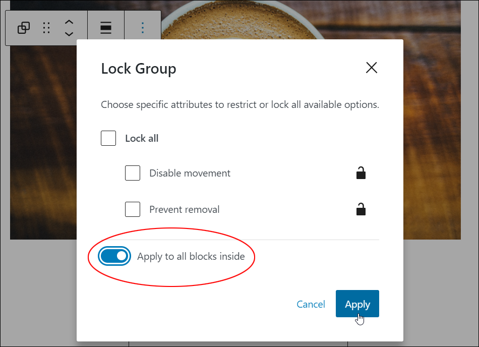 WordPress Block Editor: Options - Lock setting - Container blocks