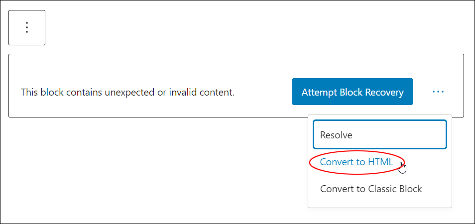 A block showing the text "This block contains unexpected or invalid content" with 'Convert to HTML' option selected.