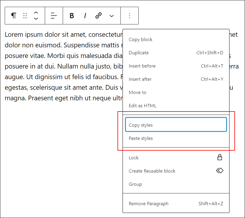 WordPress Block Editor: More Options - Copy and Paste Styles