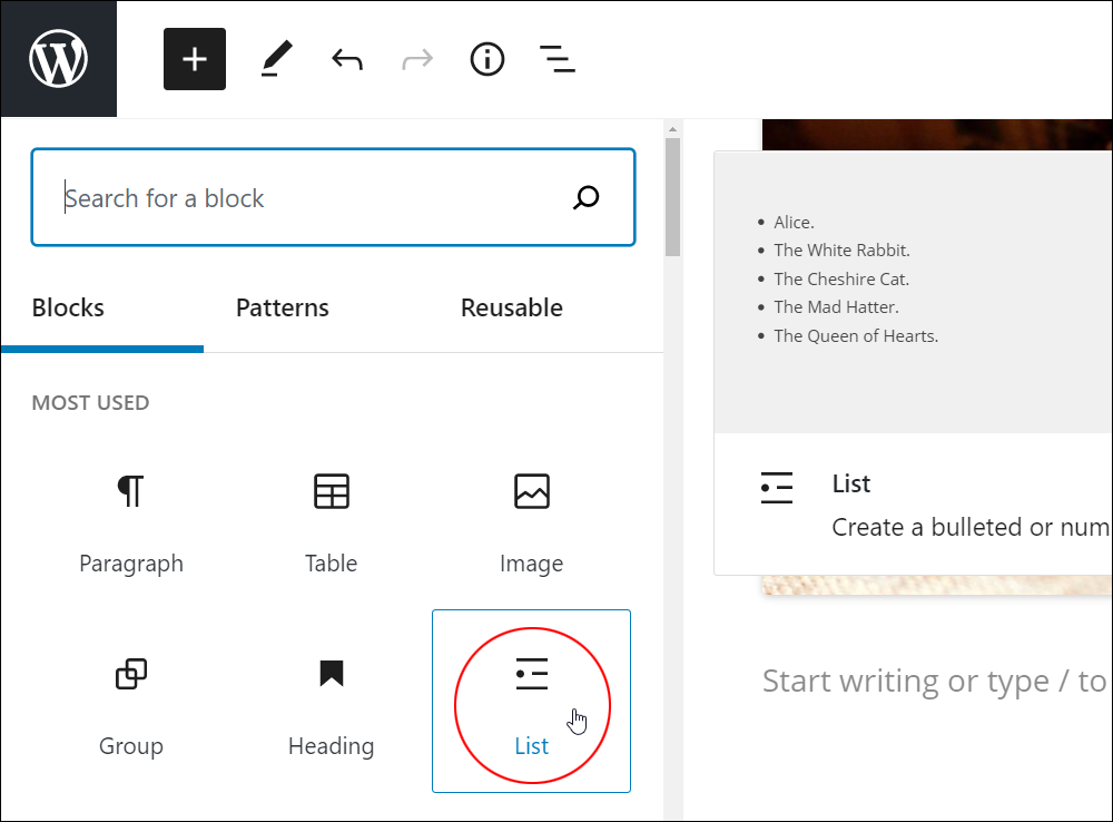 WordPress Block Editor - Add Block Menu