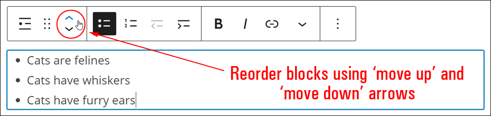 WordPress Block Editor - Move Up and Move Down arrows.