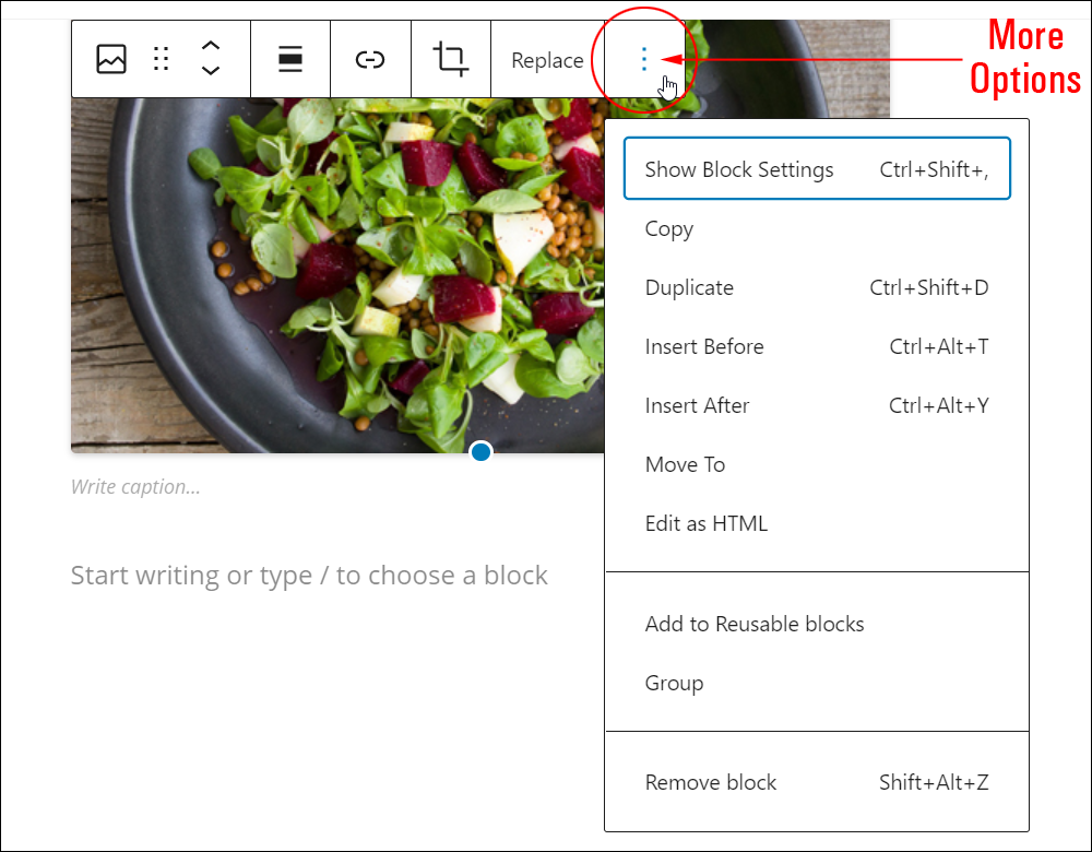Block Editor - More Options menu.