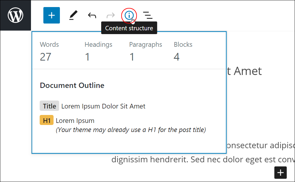 WordPress Block Editor: Editing Toolbar - Content structure.