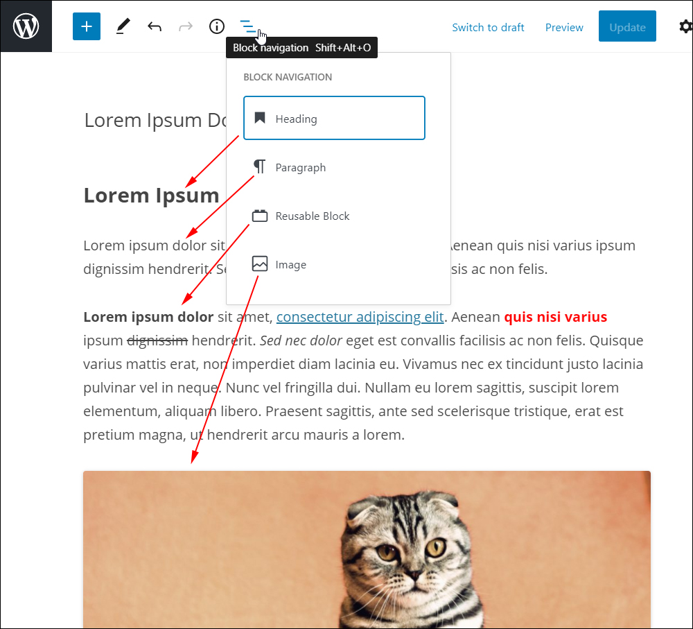 WordPress Block Editor: Editing Toolbar - Block navigation.