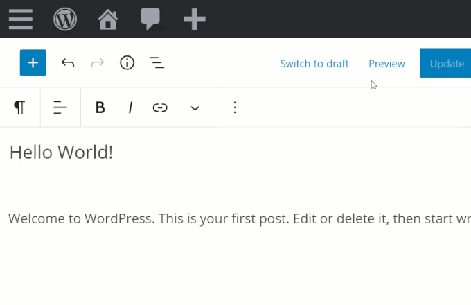 WordPress Block Editor: Editing Toolbar - Preview your post/page.