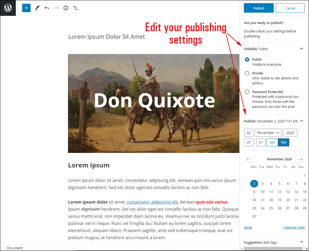 WordPress Block Editor - Edit your publishing settings.