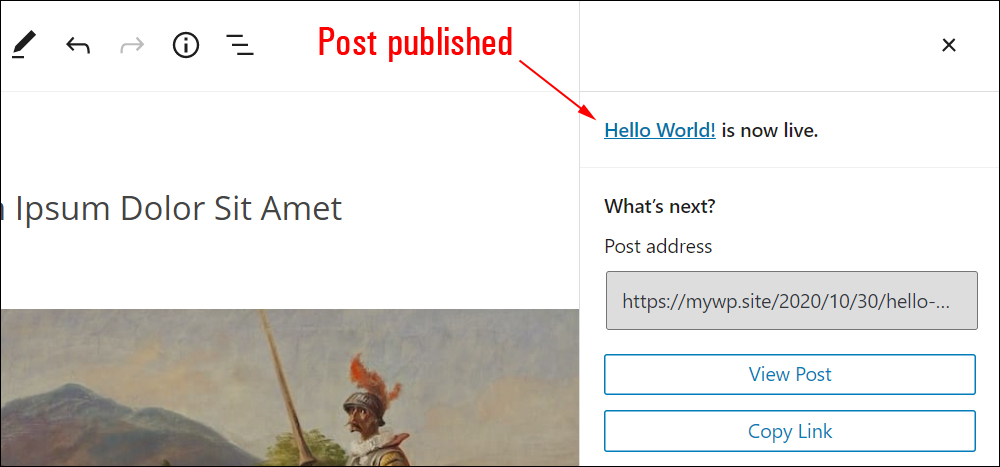 WordPress Block Editor: Post published.