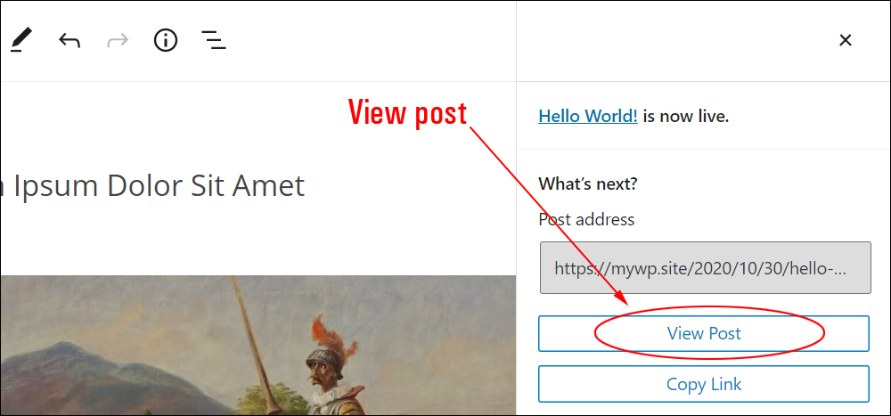 WordPress Block Editor - View Post button.