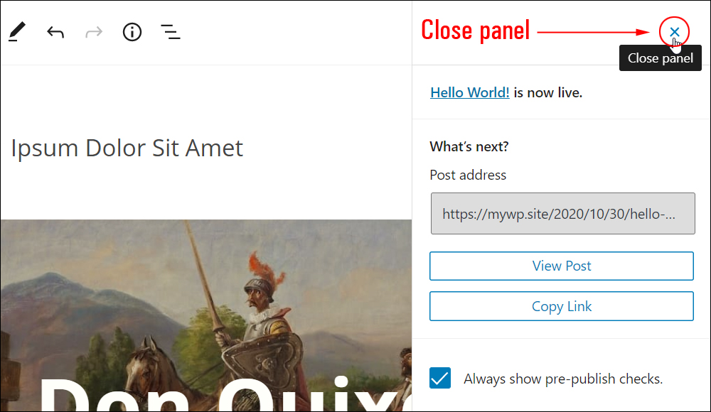 WordPress Block Editor - Close panel button.