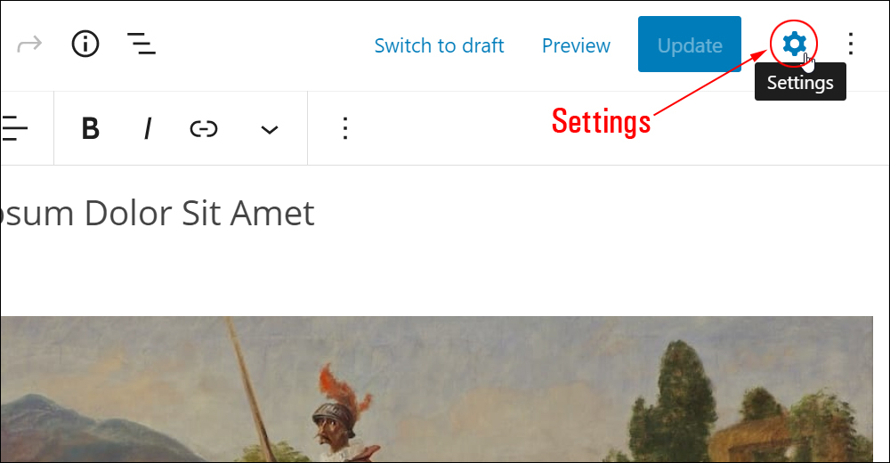WordPress Block Editor: Editing Toolbar - Settings button.
