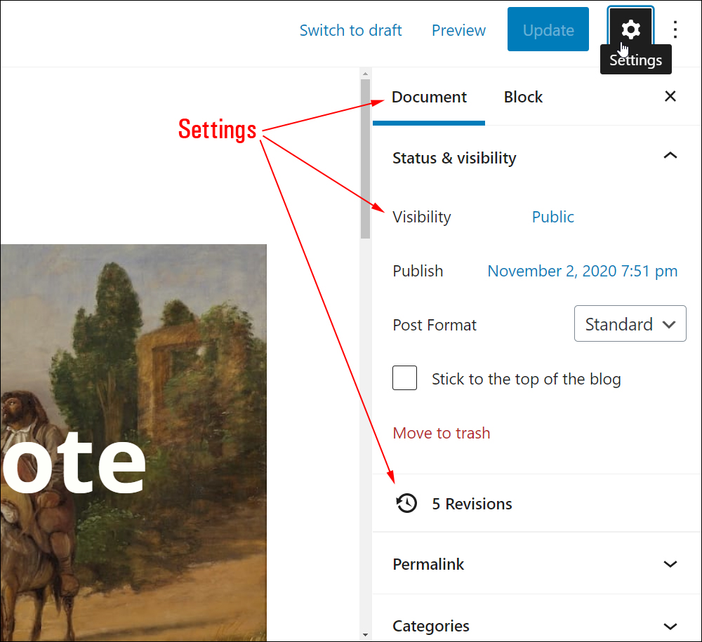 WordPress Block Editor: Editing Toolbar - Settings button.