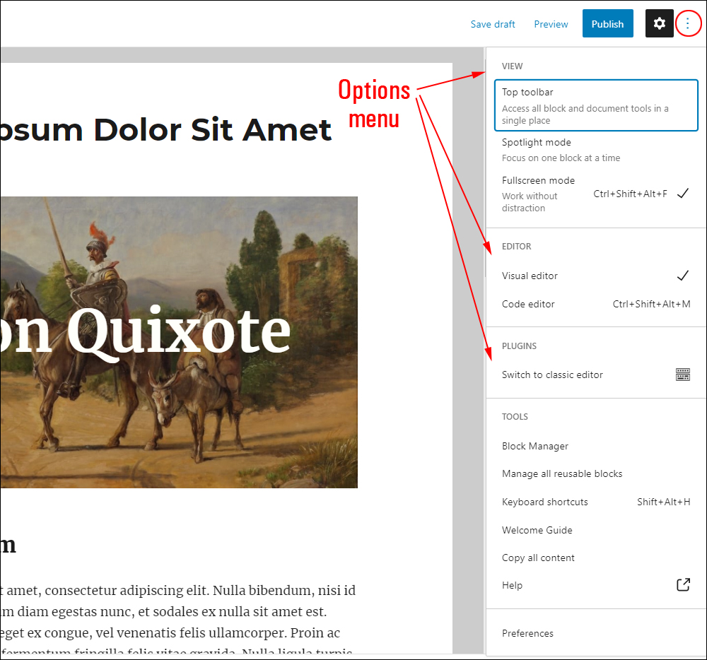 WordPress Block Editor: Editing Toolbar - Options menu.