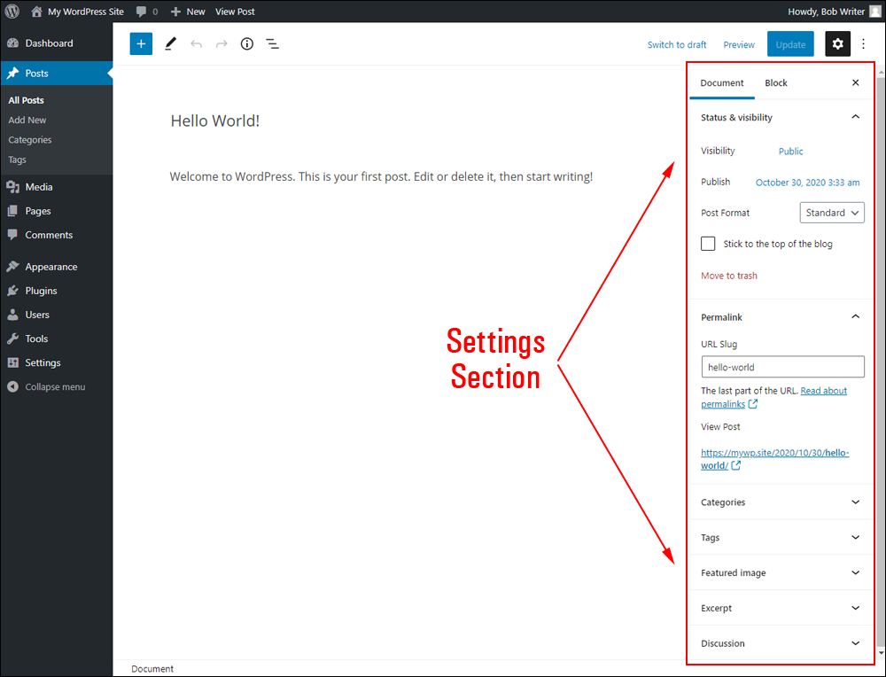 WordPress Block Editor - Settings Section.