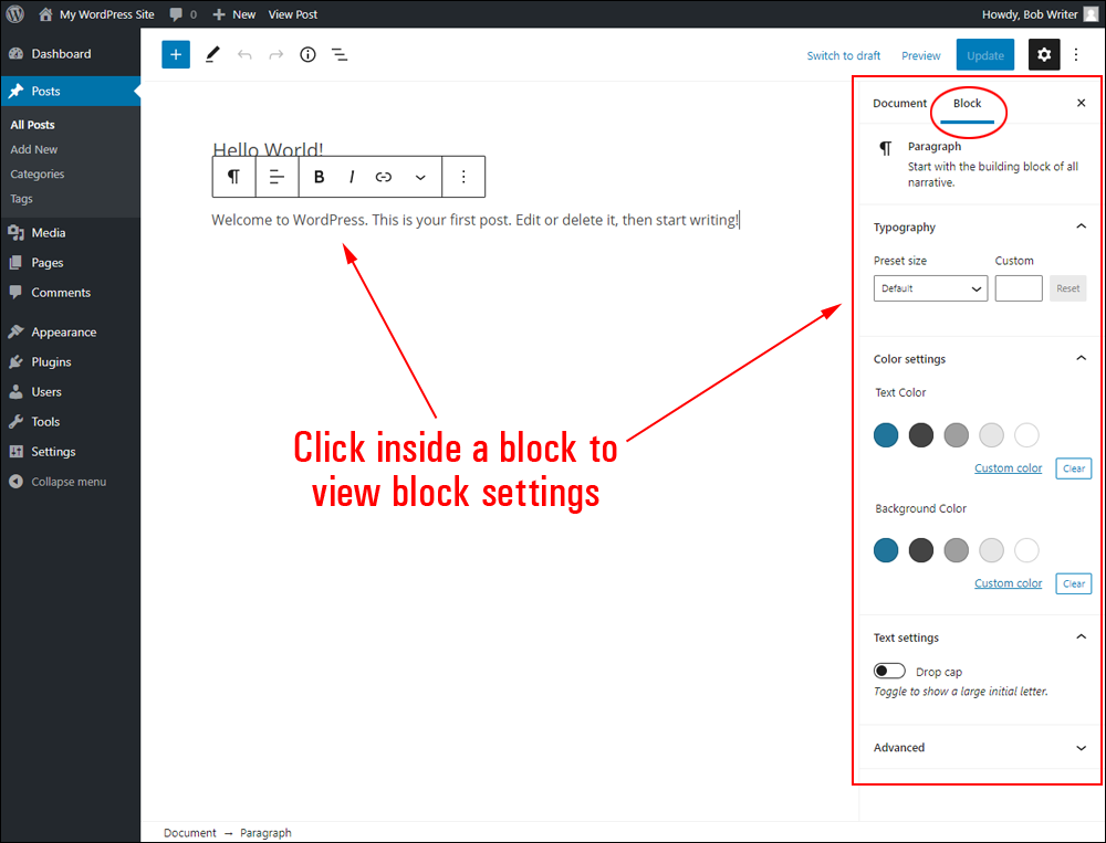 WordPress Block Editor: Block Settings Section