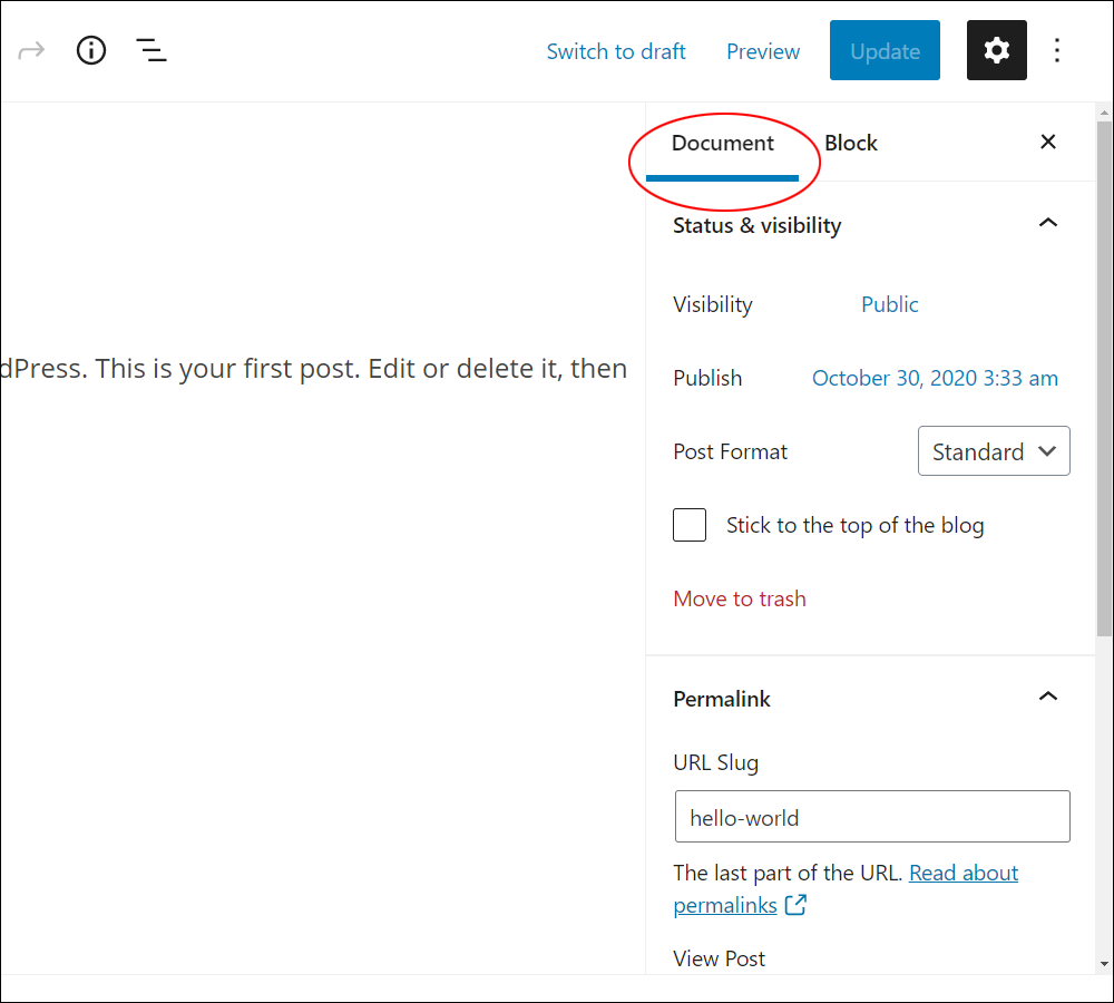 WordPress Block Editor: Document Settings Section