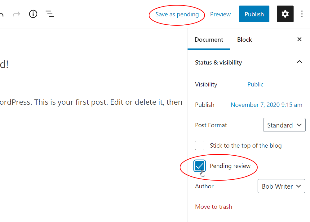 WordPress Block Editor: Document Settings - Status & visibility settings - Pending Review