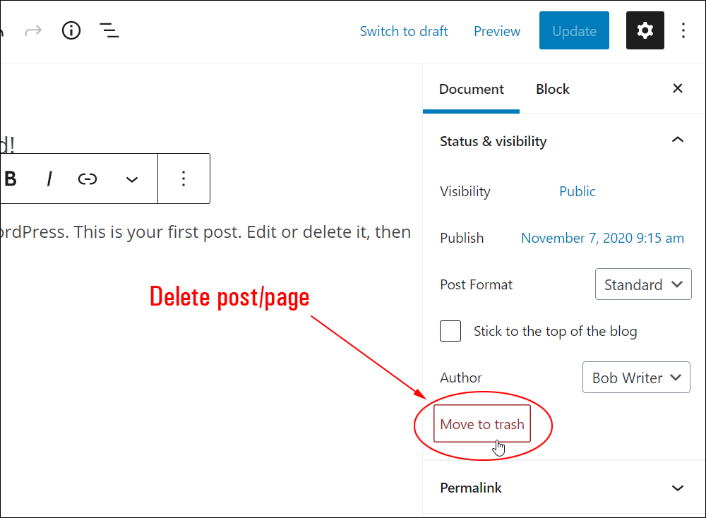 WordPress Block Editor: Document Settings - Status & visibility settings - Move to trash.