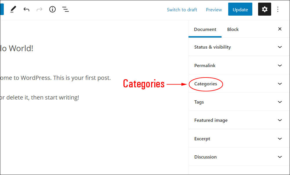 WordPress Block Editor: Document Settings - Categories