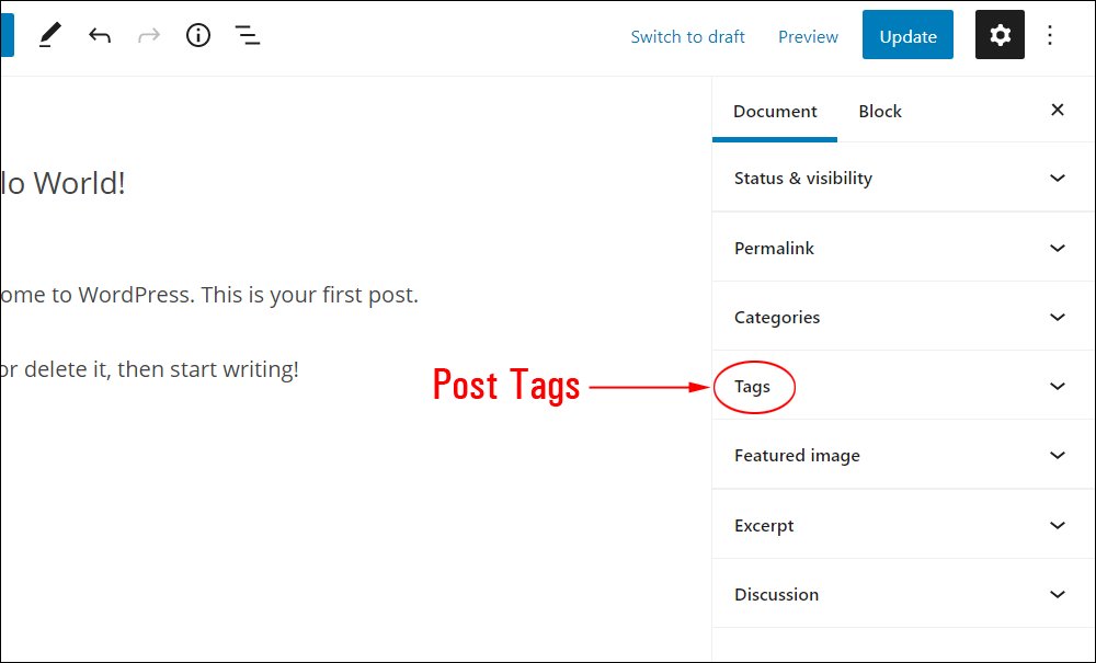 WordPress Block Editor: Document Settings - Tags.