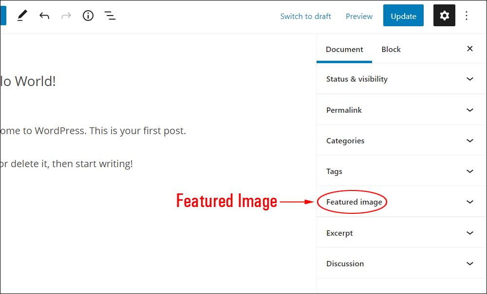 WordPress Block Editor: Document Settings - Featured Image.