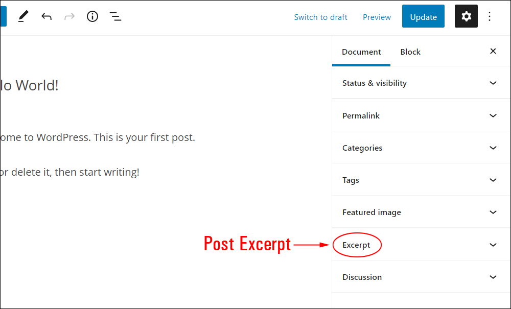 WordPress Block Editor: Document Settings - Excerpt.