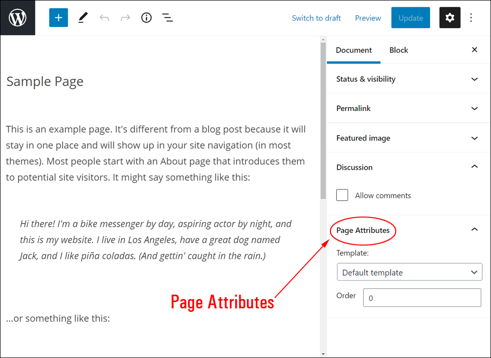 WordPress Block Editor: Document Settings - Page Attributes.