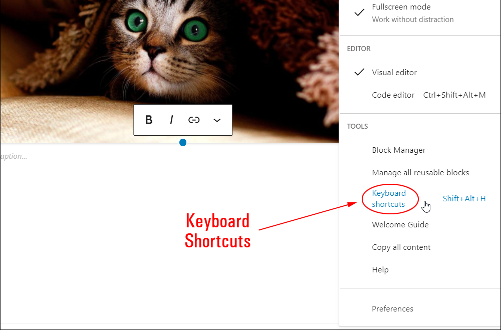 Options: Tools - Keyboard shortcuts.