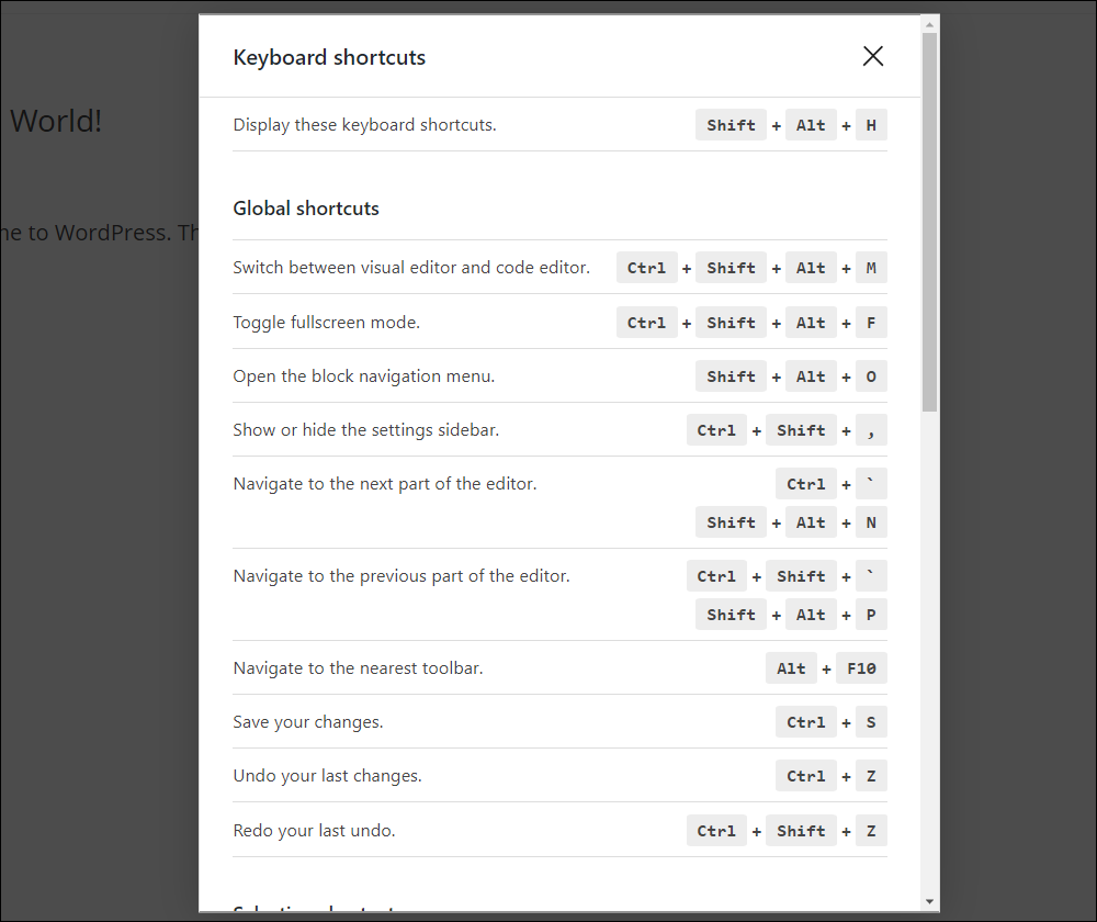 WordPress Block Editor - Keyboard shortcuts.