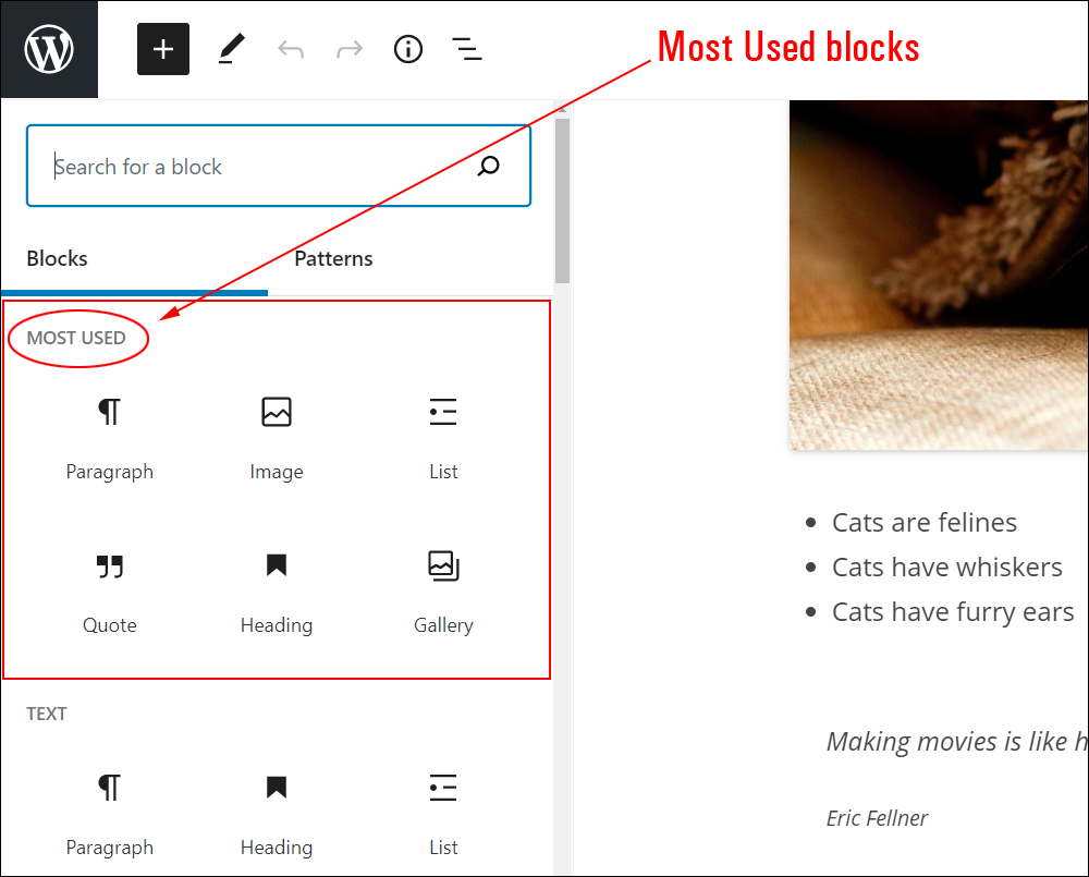 Add Block - Most Used Blocks section enabled.