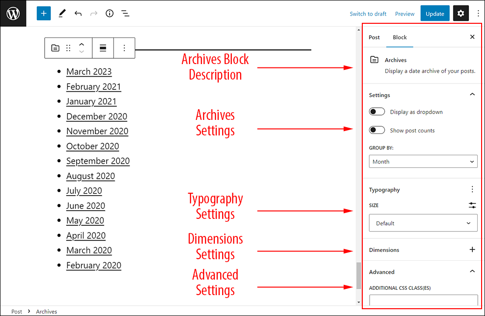 Archives block settings.