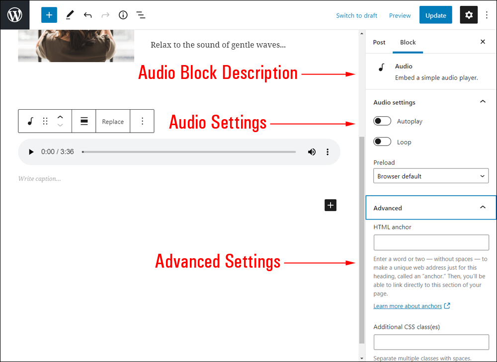 Audio block settings.