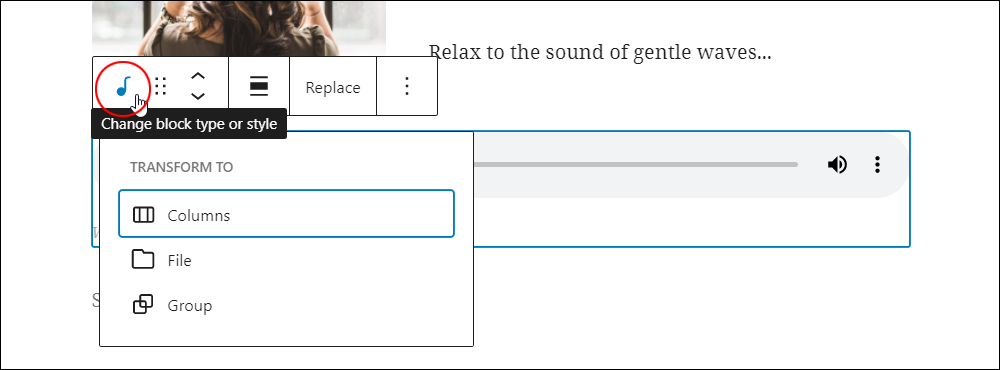 Audio block - Change block type.