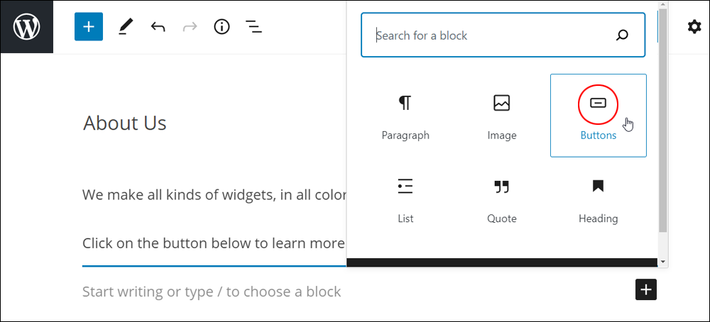 WordPress Block Editor: Content Area - Inserter Tool - Buttons block.