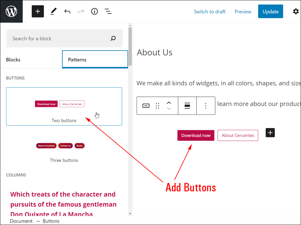 Block Patterns Directory - Pre-designed buttons.