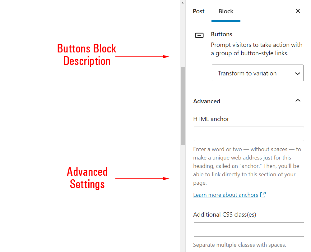 Buttons block settings.