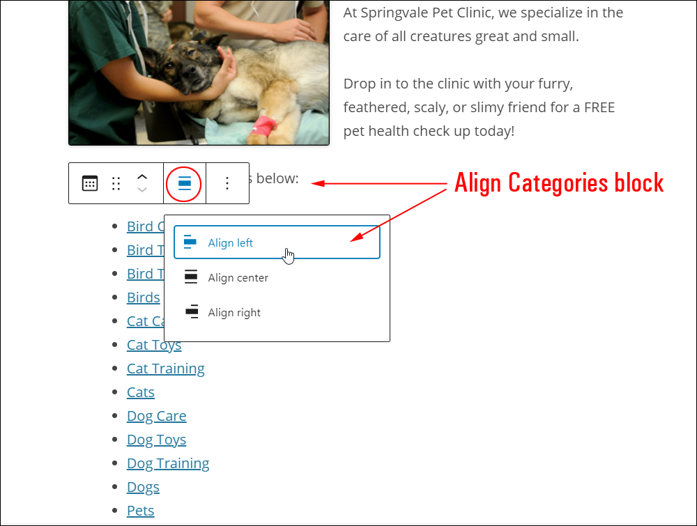 Align Categories block.