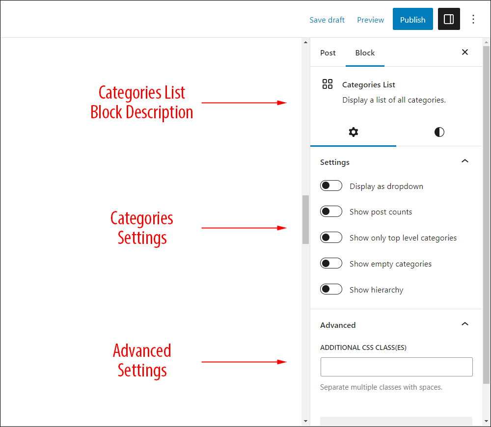 Categories block settings.