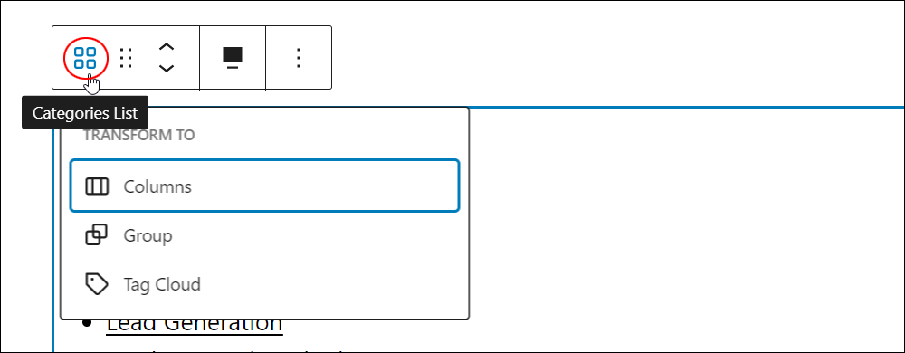 Transform Categories block.